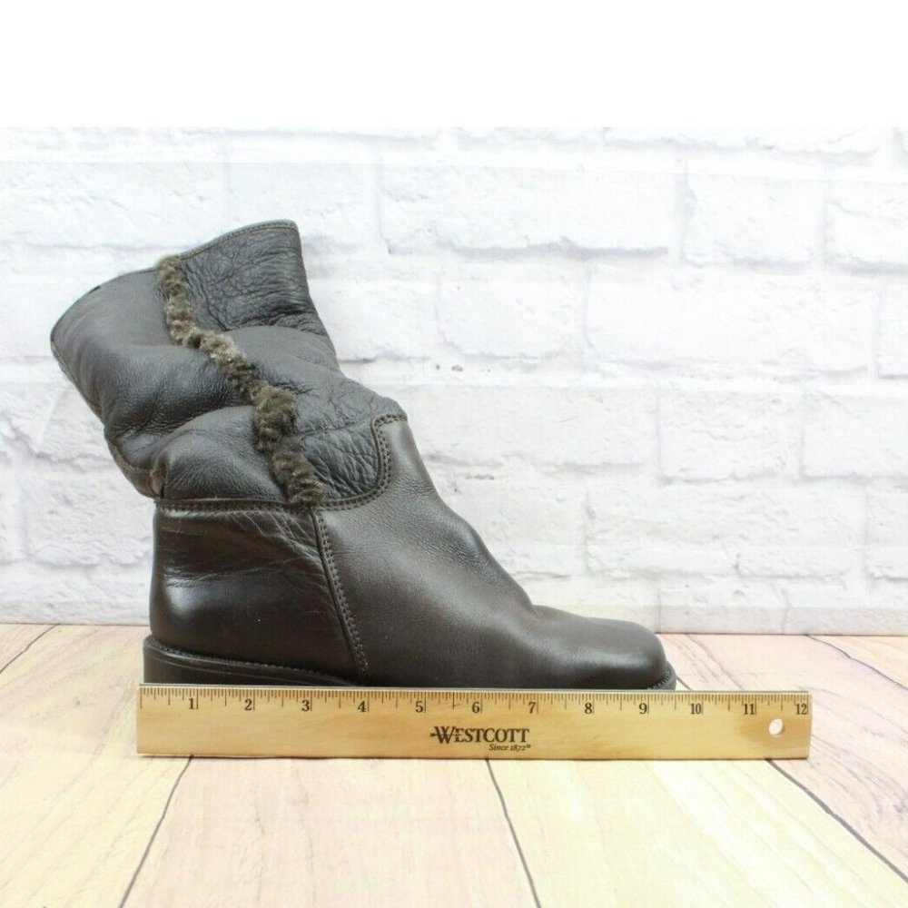 LL Bean Brown Leather Pull On Faux Fur Heeled Tall Boots Size 8 - Picture 6 of 11